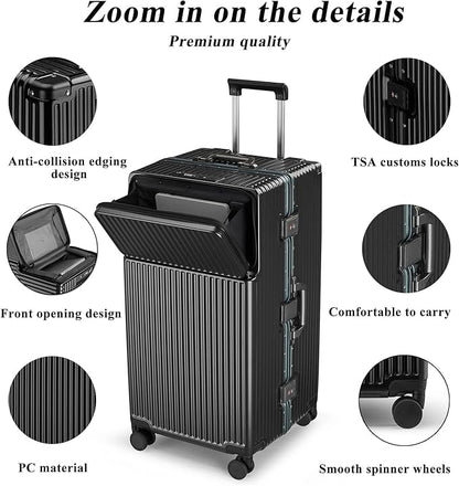 feilario 30in Super Large Captain Aluminum Frame Hardside Spinner Wheels Luggage, Zipperless Checked Suitcase with Front Compartment/Cup Holder/Phone Holder