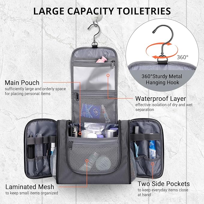 WITZMAN Toiletry Bag for Men Women Large Hanging Multi-organization Bathroom Bag Water-resistant Dopp Kit Shaving Bag Men(B690 Silvery Grey)