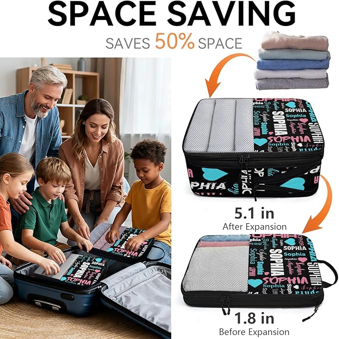 Personalized 6 Set Compression Packing Cubes for Travel Essentials with Name Customized Lightweight Carry on Expandable Luggage Organizer Bags for Women and Men, Black