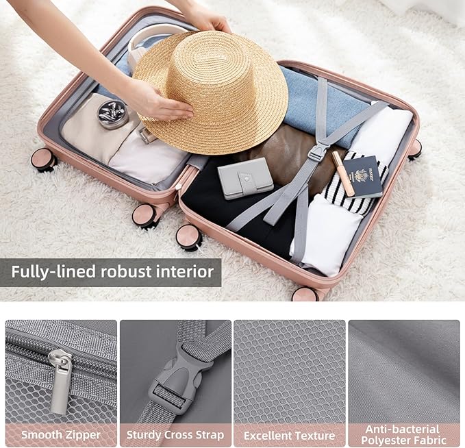 LARVENDER Luggage Sets 3 Piece, Hardside PP Carry On Luggage Suitcase with 360° Spinner Wheels Suitcase Sets for Women Men, Pink