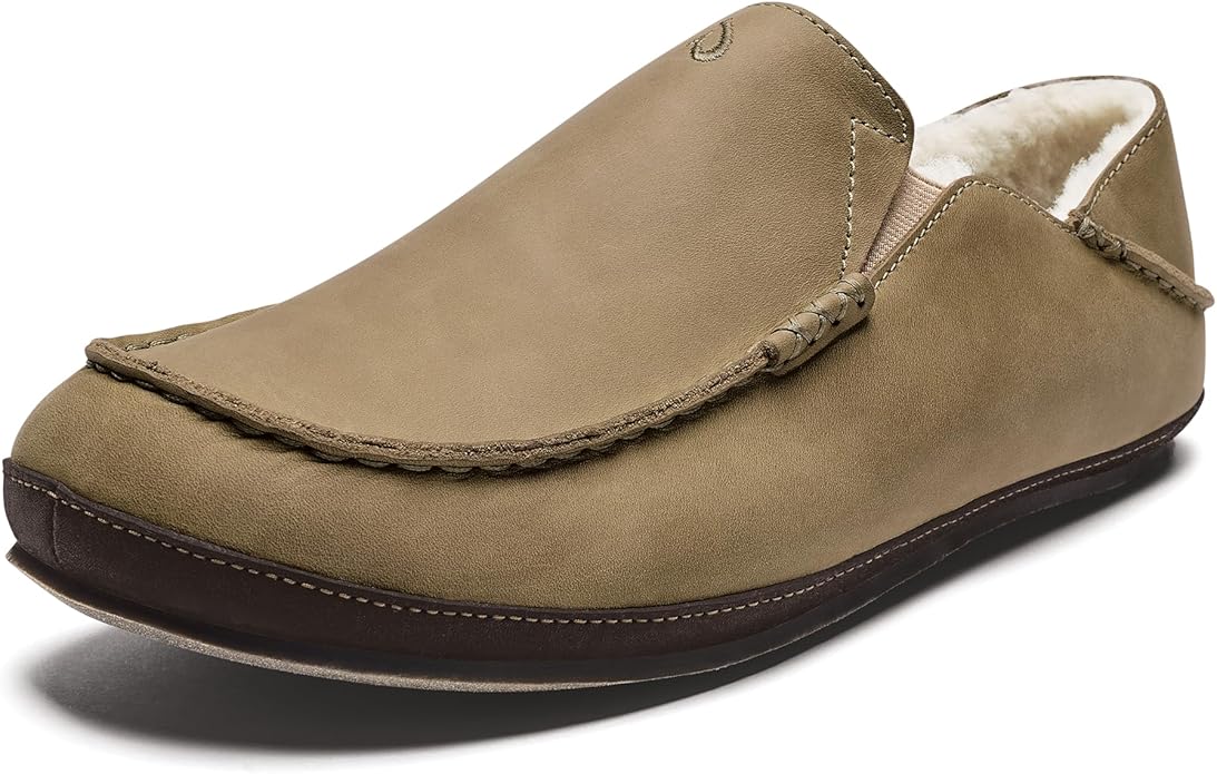 OLUKAI Moloa Slipper, Men's Premium Leather Slip-On Shoes, Soft Genuine Shearling Lining & Gel Insert, Drop-In Heel & All-Day Comfort