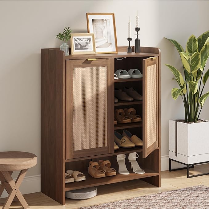 EROMMY Rattan Shoe Storage Cabinet with Doors- 5 Tier Farmhouse Boho, Tall Wooden Storage Rack with 3 Adjustable Shelves, Shoes Rack Organizer Cabinet for Entryway Hallway Closet
