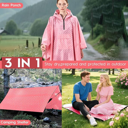 Bruvoalon 3-in-1 Rain Poncho with 1/4 Zip & Chest Pocket, Waterproof, Sunshade, Ground Mat for Adults & Youth Emergency