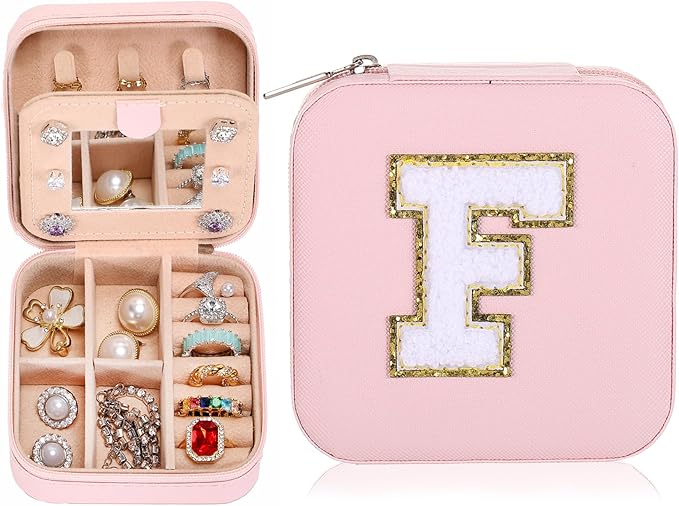 Small Jewelry Box Travel Jewelry Case Jewelry Holder Organizer,Travel Essentials Box Jewelry Organizer,Personalized Birthday Gifts for Teen Girls Women Initial F