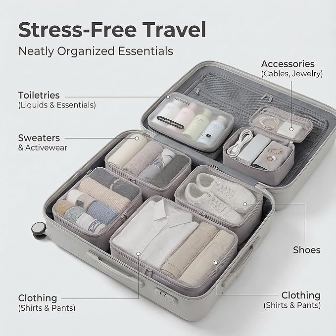 Compression Packing Cubes for Travel, 6-Piece Set (L/M/S), Double-Zip Luggage Organizers with Mesh Panels, Space-Saving Clothes Storage Bags for Suitcase & Carry-On (6 Pack, Misty Silver)