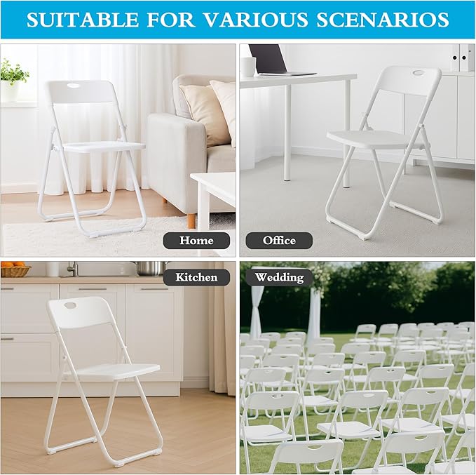 10 Pack White Plastic Folding Chairs, Indoor Outdoor Portable Stackable Commercial Seats with Steel Frame for Home Office Wedding Party Events Kitchen Dining, 350lb Capacity