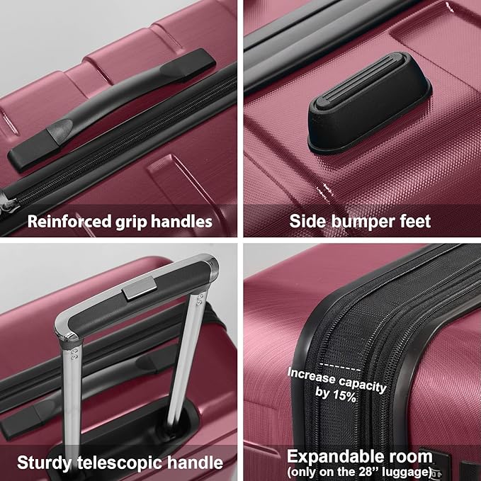 Coolife Luggage PC+ABS Expandable Hardshell Suitcase with TSA Lock, Spinner Checked Lightweight (Radiant Pink, 28in)