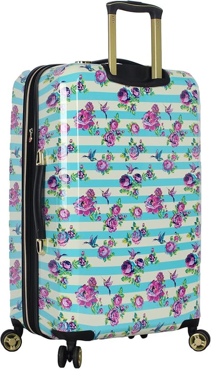 Betsey Johnson 26 Inch Checked Luggage Collection - Expandable Scratch Resistant (ABS + PC) Hardside Suitcase - Designer Lightweight Bag with 8-Rolling Spinner Wheels (Stripe Floral Hummingbird)
