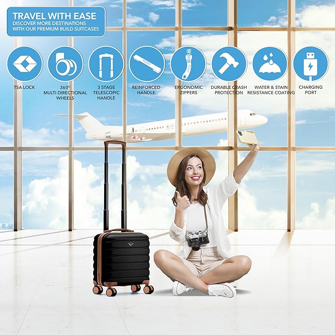 Flight Knight Carry On Suitcase 16.25x13.5x8 Hardside TSA Lock & USB Port Lightweight Luggage Silent Double Spinner Wheels Maximum Underseat Carry-On Bag For Virgin & South West Approved Airlines
