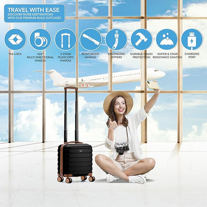 Flight Knight Carry On Suitcase 16.25x13.5x8 Hardside TSA Lock & USB Port Lightweight Luggage Silent Double Spinner Wheels Maximum Underseat Carry-On Bag For Virgin & South West Approved Airlines