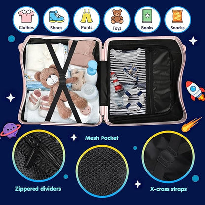 Kids Ride-On Suitcase with Cute Ears, DIY Graffiti Coloring Design, 20" Carry-On Luggage with 4 Spinner Wheels, Pull Rope & Combination Lock – Rideable Travel Case for Toddlers & Children(Pink)
