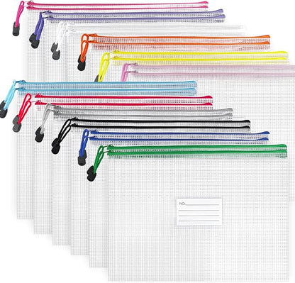 BOPART 24pcs Mesh Zipper Pouch Puzzle Bags 13.4x9.4 Inches A4 Plastic Zip File Bag with Label Pocket for School Office Supplies, Board Game Storage Bags for Organizing