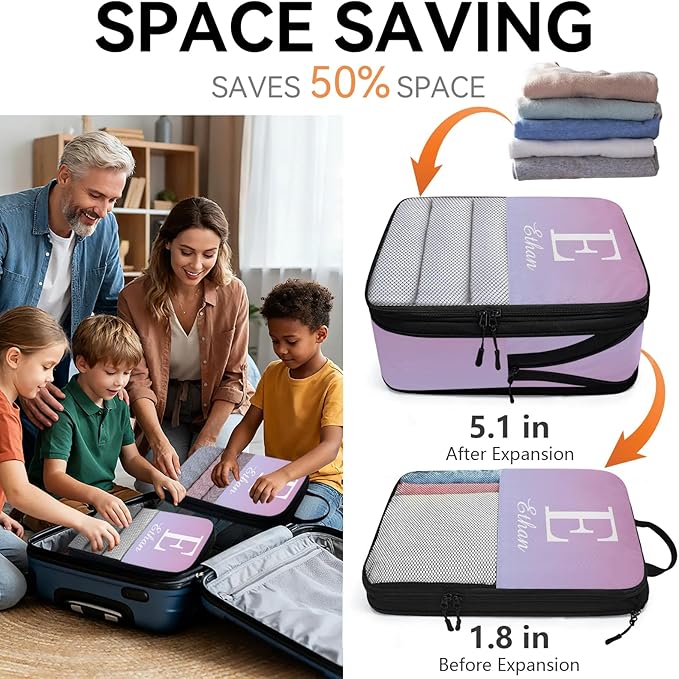 Custom 6 Set Compression Packing Cubes with Name Initial Personalized Compressible Expandable Packing Organizers Luggage Carry On Suitcase Bags Travel Accessories Gifts, Blue Pink