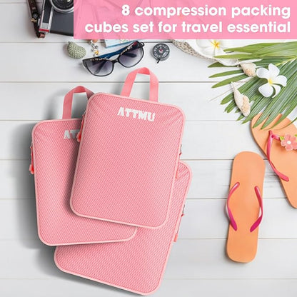 8 Set Compression Packing Cubes for Travel, Expandable Compression Cubes for Suitcases, Lightweight Suitcase Organizer with Shoes & Laundry Bags, Travel Accessories for Men Women