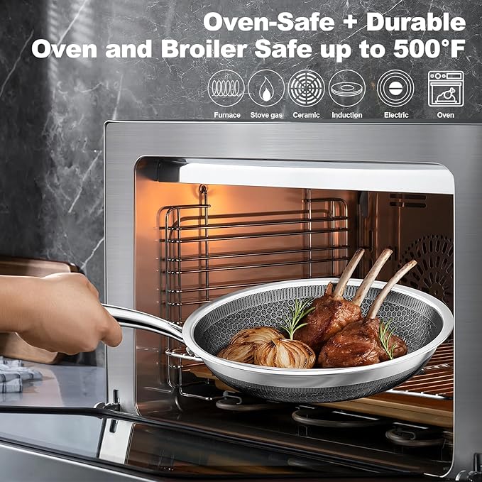 Fogdream 12” Non Stick Frying Pans, Stainless Steel Skillet with Lid, Tri-Ply Stainless Steel for All Cooktops, Dishwasher and Oven-Safe Cooking Pan, Stay-Cool Handle, Silver