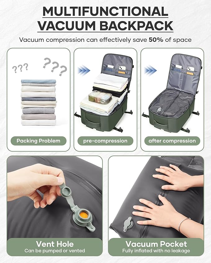 Vacuum Seal Backpack Travel With Pump,Large Carry On Vacpack Backpacks For Women Men,Mochila De Viaje Compresion Al Vacio,Personal Item Travel Backpack With Vacuum System,Olive Green