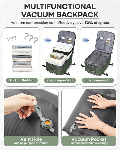 Vacuum Seal Backpack Travel With Pump,Large Carry On Vacpack Backpacks For Women Men,Mochila De Viaje Compresion Al Vacio,Personal Item Travel Backpack With Vacuum System,Olive Green