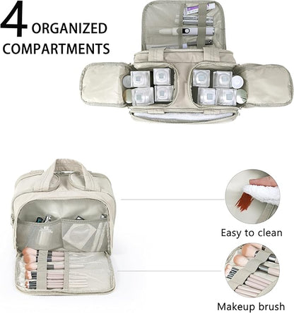 Travel Toiletry Bag for Women, Large Wide-open Puffy Cosmetic Makeup Bag with Wet-Dry Separation, Multi-Pocket Organizer with Carry Handle for Toiletries, Cosmetics, Essentials, Beige