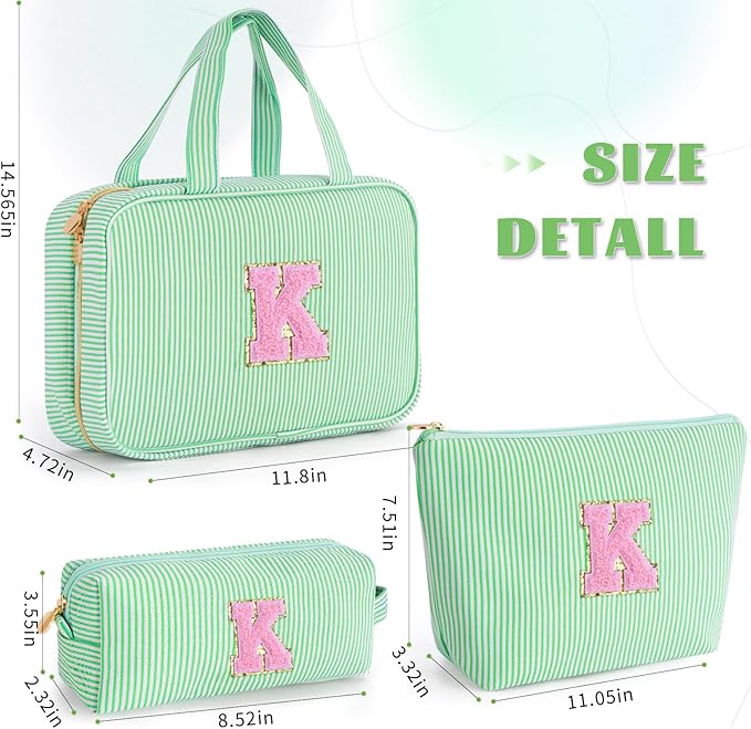 Teen Girl Gifts Trendy Stuff | Cute Toiletry Makeup Bag for Girls - Cosmetic Bags for Women | Initial Make Up Bag | Personalized Gifts for Women Friends | Skin Care Bag - Green K