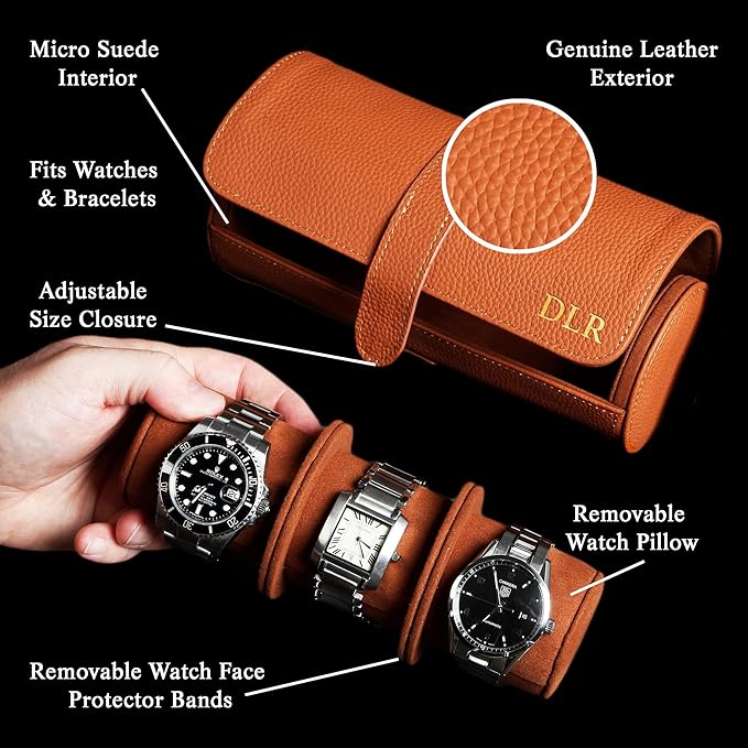 HomeWetBar Durham Custom Leather Jewelry, Bracelet & Watch Roll for Travel - Personalized Leather Case for 3 Watches & Accessories
