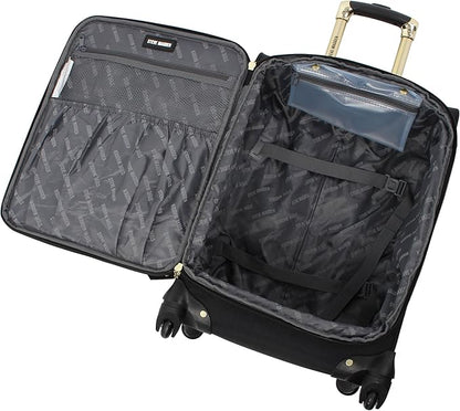 Steve Madden Designer-Gepckkollektion Leichter Softside-Koffer fr Damen und Herren strapazierfhige 50,8 cm groe Tragetasche mit 4 rollenden Spinner-Rdern, Peek-a-boo Black, 20in, Carry on Bag With