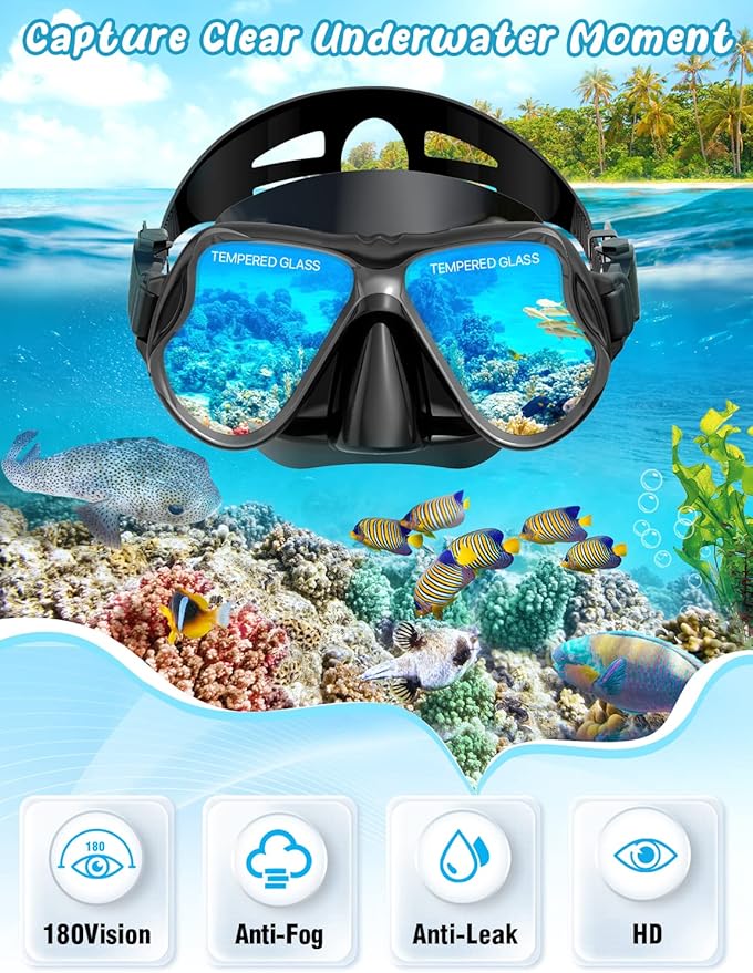 Zenoplige Mask Fins Snorkel Set, Snorkeling Gear for Adults, Panoramic View Snorkel Mask Anti-Fog, Adjustable Dive Flippers, Dry Top Snorkel and Travel Bag, Scuba Gear for Swimming Snorkeling Diving