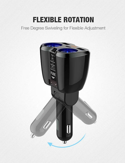 Otium USB C Car Charger, 2 Sockets Cigarette Lighter Splitter 12/24V 80W Dual USB Type-C Ports Separate Switch LED Voltage Display Built-in Replaceable 10A Fuse Compatible Mobile Phone GPS Dash Cam
