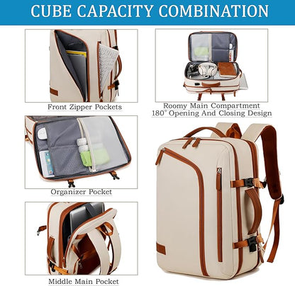 Travel Laptop Backpack for Men Women, Airline Approved Personal carry on Backpack with USB Charging Port,35L Large Water Resistant Durable anti theft Capacity Student Bag Fits 15.6 Inch Notebook,Cream