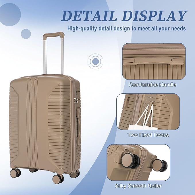 Campfun 3 Piece Luggage Sets, PP Suitcase Set with Double Spinner Wheels Hang Hook, Durable Carry On Luggage with Combination Lock, 20/24/28 inch, Champagne