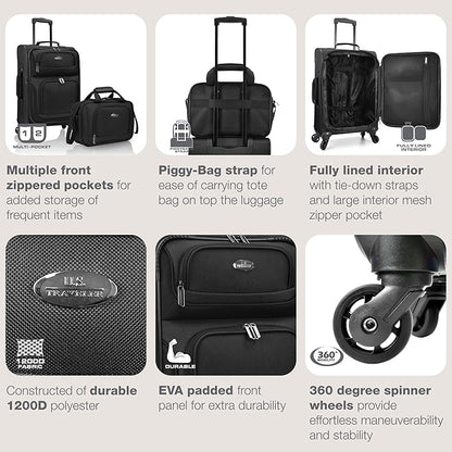 U.S. Traveler Rio Lightweight Softside Rolling Carry-on Suitcase, 4-Wheel Set, Black