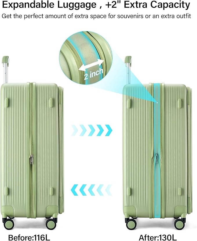 Hanke Expandable 28 Inch Luggage with Spinner Wheels Top Opening Travel Luggage Hard Shell Rolling Suitcases Large Lightweight Checked Luggage with Cup Holder(Bamboo Green)