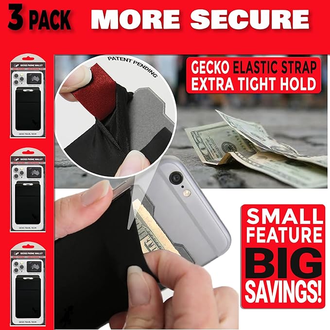 Gecko Travel Tech Double Pocket - Adhesive Card Holder - Cell Phone Pouch - Stick on Spandex Pocket - Carry Credit Cards and Cash (3 PACK - BLACK BLACK)