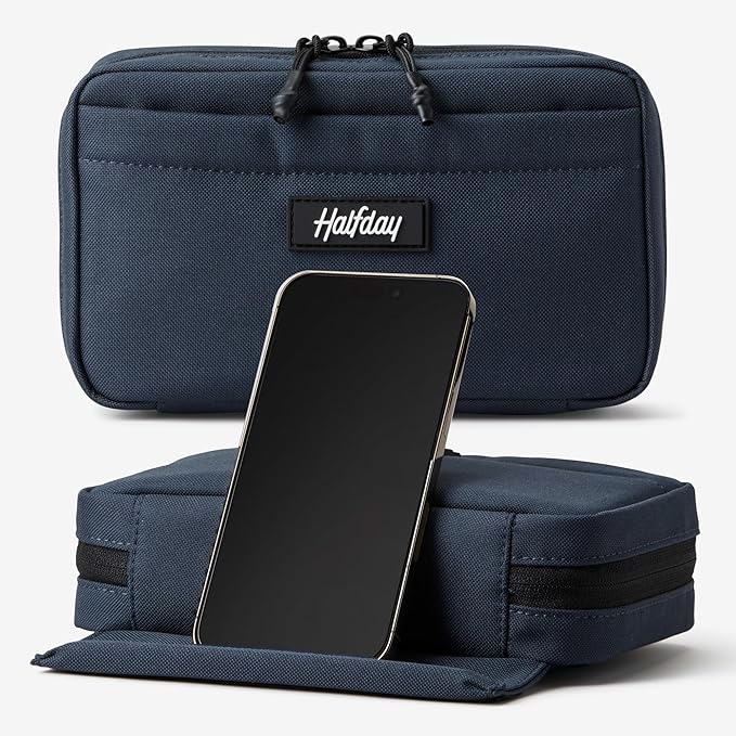 Halfday Sidekick Tech Organizer Kit | Flip-Out Kickstand for Phone/Tablet, Zip-Flat Pouch with Power Mesh & Elastic for Cable & Charger (Splash-Resistant Travel Electronics Accessories Case), Marine