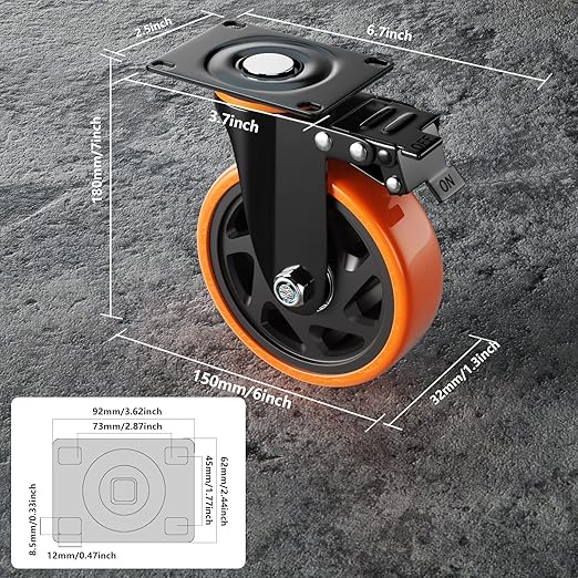 6 Inch Caster Wheels, Casters Set of 4, Heavy Duty Casters with Brake 3000 Lbs, Locking Industrial Swivel Top Plate Casters Wheels for Furniture and Workbench Cart(Two Hardware Kits Include)