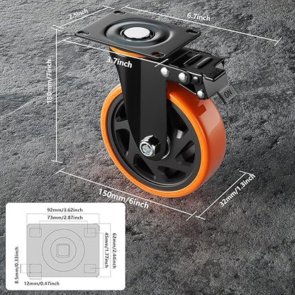 6 Inch Caster Wheels, Casters Set of 4, Heavy Duty Casters with Brake 3000 Lbs, Locking Industrial Swivel Top Plate Casters Wheels for Furniture and Workbench Cart(Two Hardware Kits Include)