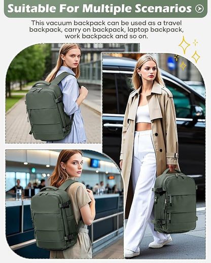 Vacuum Backpack Travel Laptop Backpacks For Women Men Carry On Backpack With Vacuum Compression Bags Seal Packing Personal Item Travel Bag Vacpack Backpacks Without Pump Olive Green