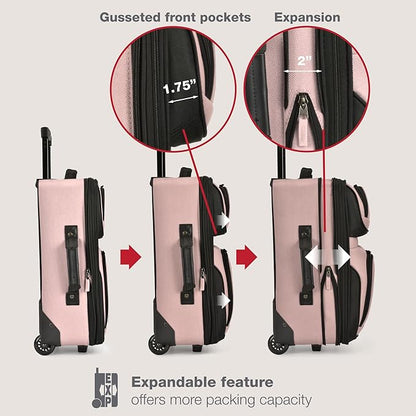 U.S. Traveler Rio Lightweight Softside Rolling Carry-on Suitcase, 2-Wheel Single, Pink