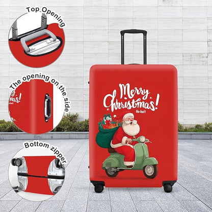 Santa on Scooter Luggage Cover - Christmas Riding Green Scooter with Gifts, Whimsical Modern Holiday Design for 24 26 Inch Travel