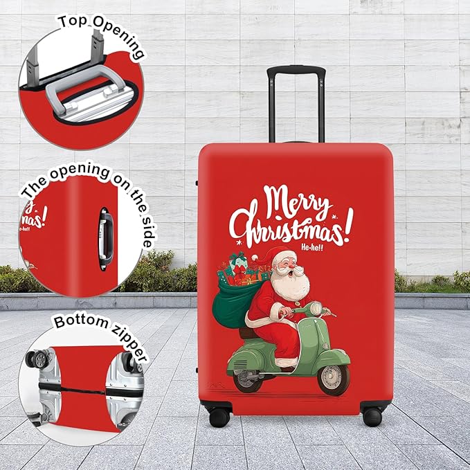 Santa on Scooter Luggage Cover - Christmas Riding Green Scooter with Gifts, Whimsical Modern Holiday Design for 18 20 22 Inch Travel