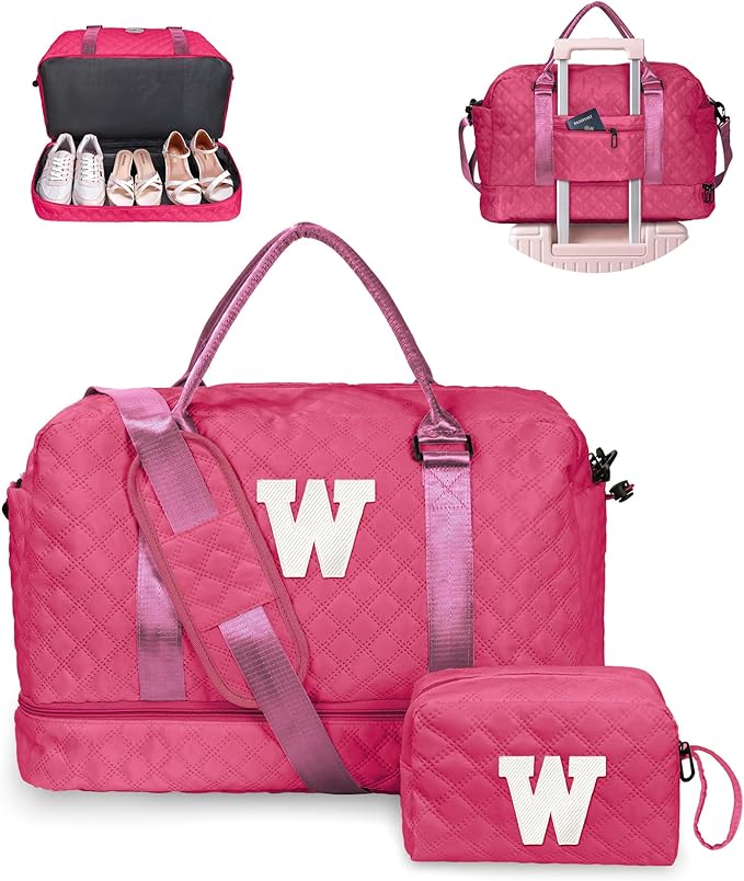 Gift for Everyone, Gifts for Women-Initial Travel Bag with Shoe Compartment, Weekender Bag, Monogram Overnight Bag for Women, Letter Travel Bag with Makeup Bag Graduation Gifts (Letter W)