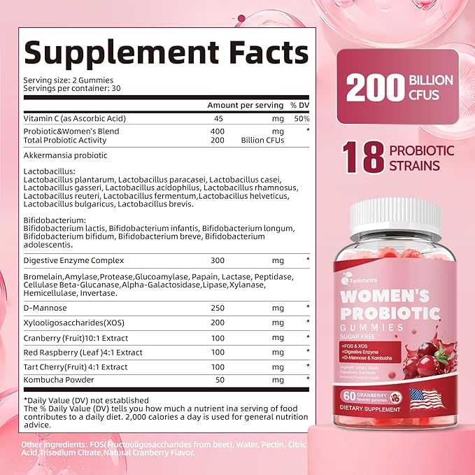 Vaginal Probiotics for Women Gummies, 200 Billion CFU Prebiotics and Probiotics Gummies for PH Balance & Urinary Health, with Kombucha, Akkermansia for Digestive Health, Cranberry Flavor, 60 Count