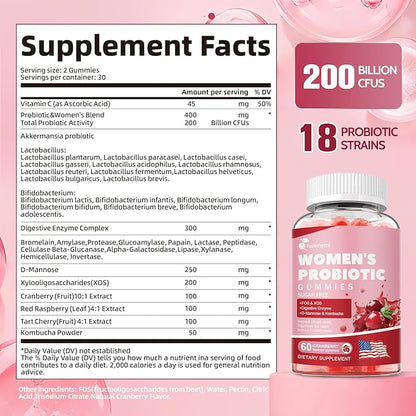 Vaginal Probiotics for Women Gummies, 200 Billion CFU Prebiotics and Probiotics Gummies for PH Balance & Urinary Health, with Kombucha, Akkermansia for Digestive Health, Cranberry Flavor, 60 Count