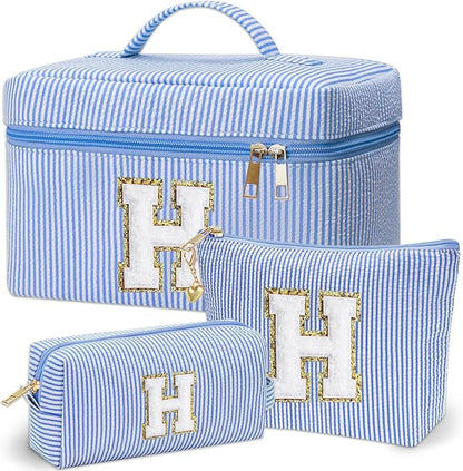 Personalized Monogram Makeup Bag, 3PCS Custom Monogrammed Toiletry Cosmetic Bag for 6-18 Teen Girls Women,Birthday Graduation Gifts Initial Pouch Makeup Bags for Women Girls, Make Up Bag (H, Blue)