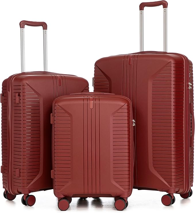 3-Piece PP Hard Shell Spinner Luggage Set (20" 24" 28") with Combination Lock, Adjustable Pull Rod Suitcases, Red
