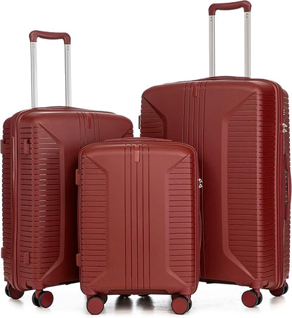 Campfun 3 Piece Luggage Sets, PP Suitcase Set with Double Spinner Wheels Hang Hook, Durable Carry On Luggage with Combination Lock, 20/24/28 inch, Red