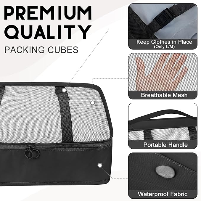 10 Set Packing Cubes for Travel, Travel Organizer with Hanging Toiletry Bag and Shoe Bag, Luggage Organizer Bags for Travel Essentials Women Men