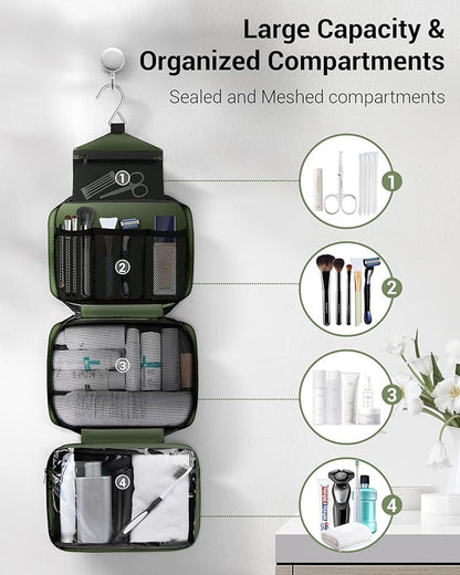 Maliton Toiletry Bag for Men & Women Large Toiletry Bags for Traveling Hanging Toiletry Bag Hygiene Bag with 4 Compartments Waterproof Bathroom Shower Bag(Olive Green)