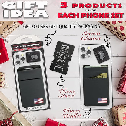 Gecko Travel Tech Double Pocket - Adhesive Card Holder - Cell Phone Pouch - Stick on Spandex Pocket - Carry Credit Cards and Cash (USA FLAG - GRAY)