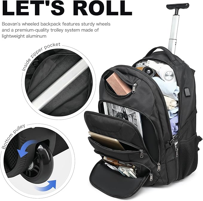 Boavan Wheeled Backpack,18.4 inch Water Resistant Rolling Backpack,Carry on Luggage Business Bag, Overnight College Computer Backpacks Trolley Suitcase for Men Women Adults to Travel，Black
