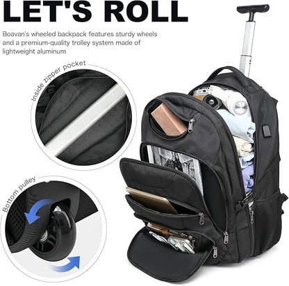Boavan Wheeled Backpack,18.4 inch Water Resistant Rolling Backpack,Carry on Luggage Business Bag, Overnight College Computer Backpacks Trolley Suitcase for Men Women Adults to Travel，Black
